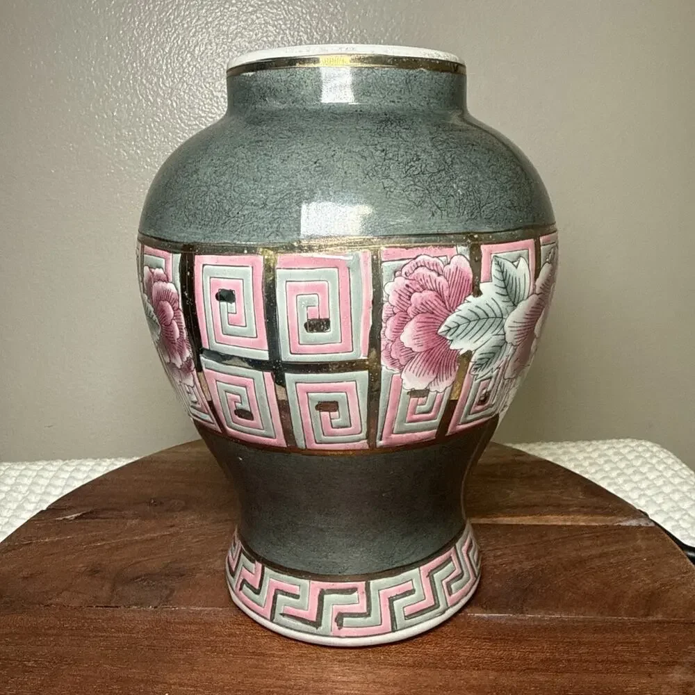 Vintage Chinese Famille Rose Porcelain Vase Peony Celadon 8.5” Hand Painted
